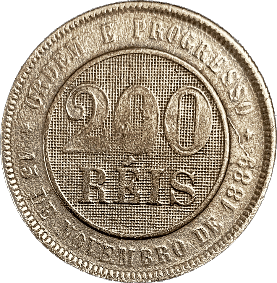 MOEDA 200 RÉIS 1889 CUPRO-NÍQUEL MBC+ [BRASIL/REPÚBLICA]