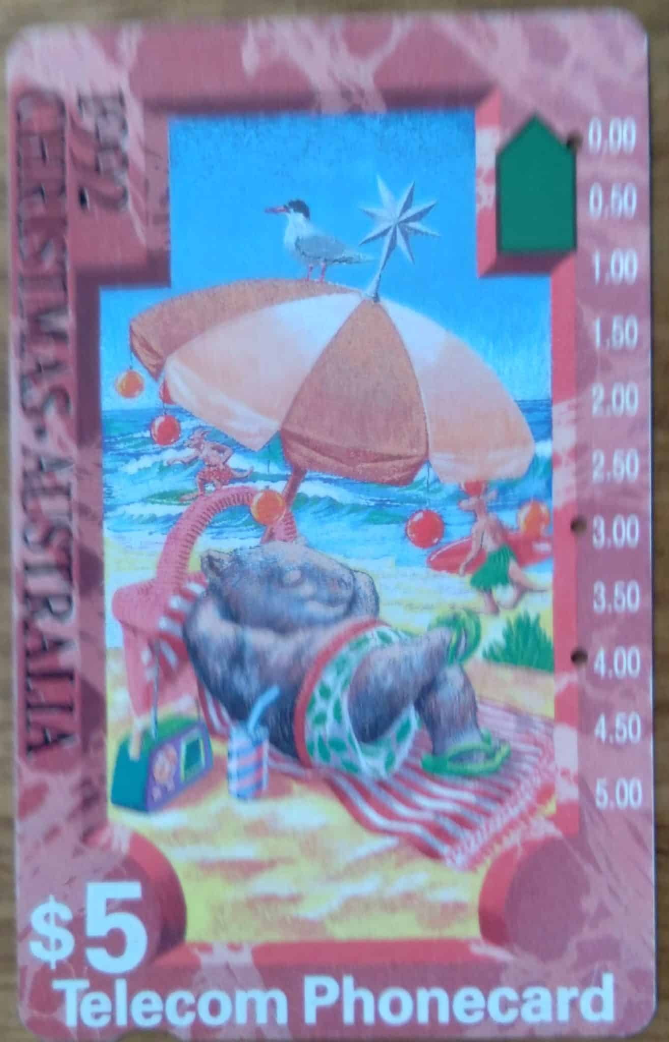 Cartão telefone Australia. Telecom Anritsu 1992. Natal na praia.