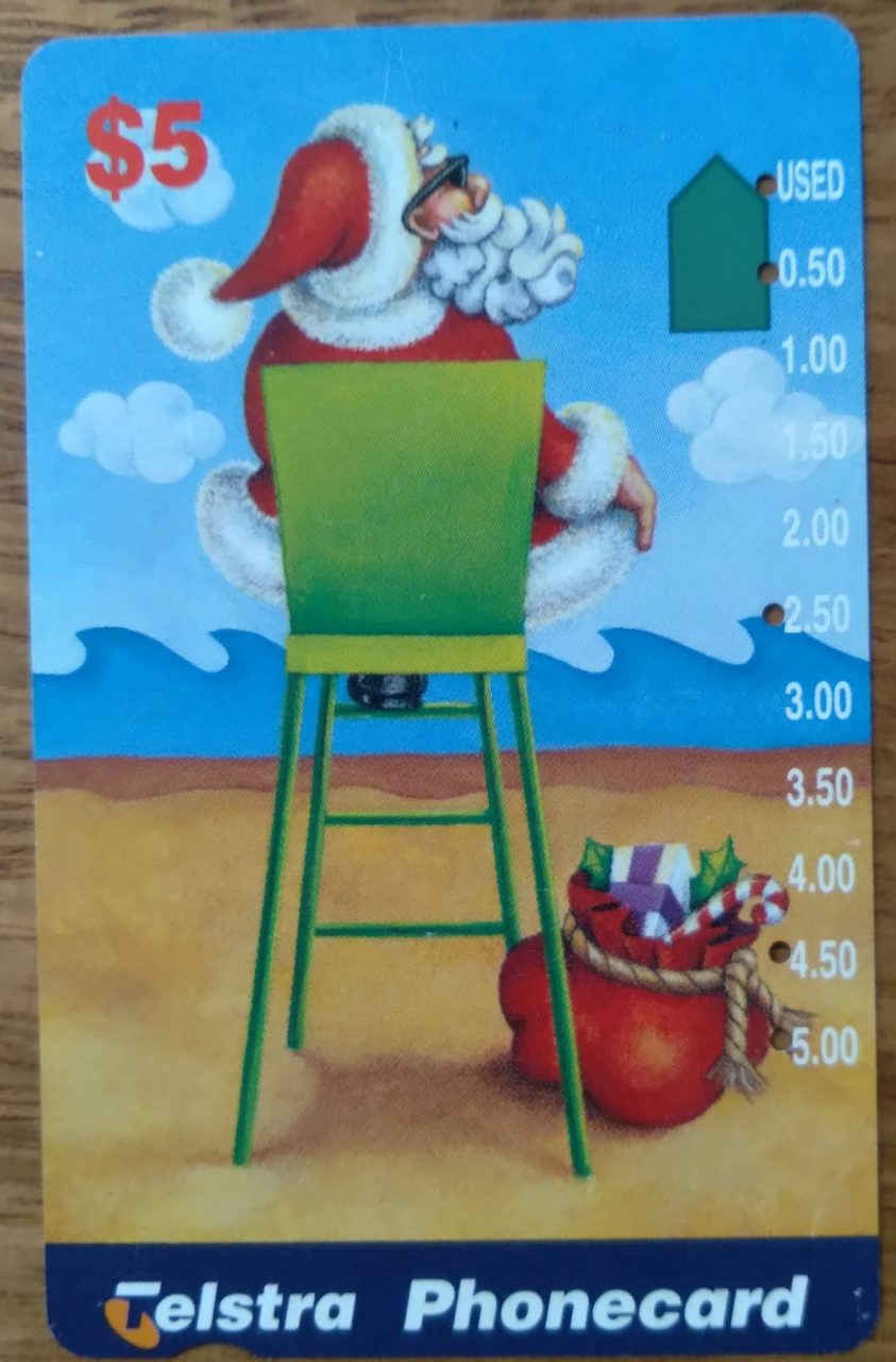 Cartão telefone Australia. Telstra Anritsu 1996. Papai Noel salva vidas.