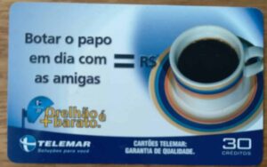 Cartão telefone Brasil. Telemar ES 2002. Orelhão Papo com amigas. Cafezinho. CSM 13000.