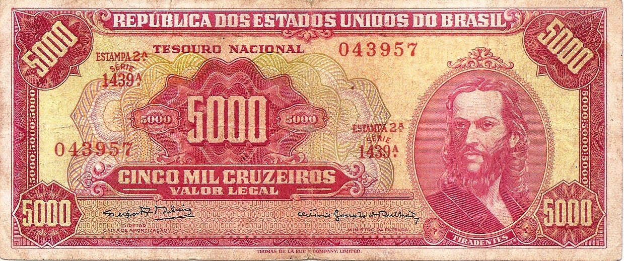 CÉDULA BRASIL 5000 CRUZEIROS 1964 MBC+TIRADENTES [BRASIL/REPÚBLICA]