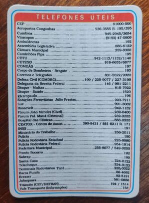 Calendário de Bolso (Tema Telefones Úteis) Ano 1998