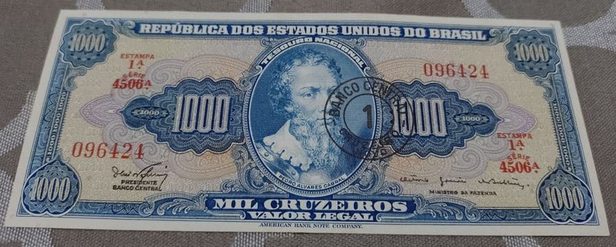 1000 Cruzeiros Com Carimbo de 1 Cruzeiros Novo Pedro Alvares Cabral F Casa do Colecionador