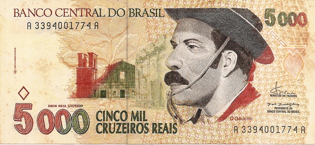 CÉDULA BRASIL 5000 CRUZEIROS REAIS 1993 "GAÚCHO" SOB/FE [BRASIL/REPÚBLICA]