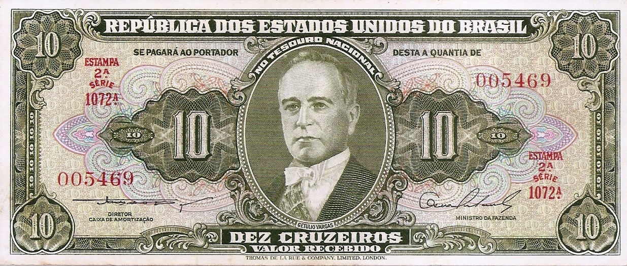 CÉDULA 10 CRUZEIROS 1954 VARGAS/FE [BRASIL/REPÚBLICA]