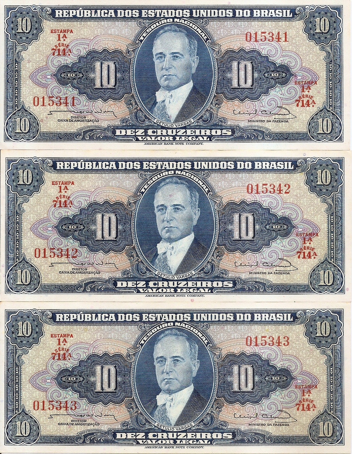 SET DE 3 CÉDULAS 10 CRUZEIROS 1954 VARGAS/FE [BRASIL/REPÚBLICA]