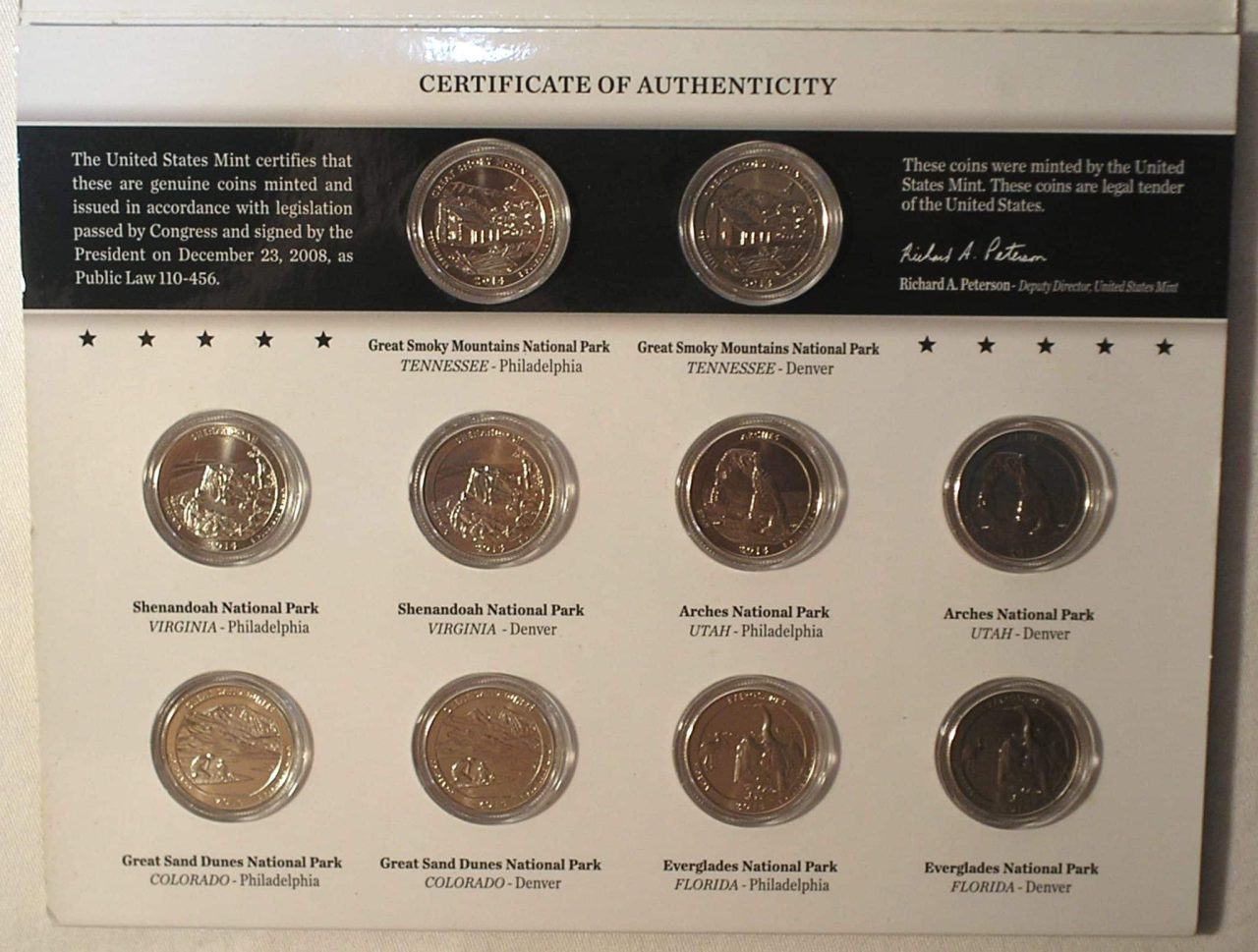 Estojo de Luxo 2014- P e D "Pensilvania e Denver" -American The Beautiful Quartes comemorando National Parks / Reverse George Washington / 10 Moedas / cod.prs1