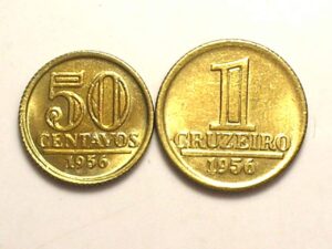 0,50 Centavos com 1 Cruzeiro de 1956 módulo pequeno - Flor de cunho