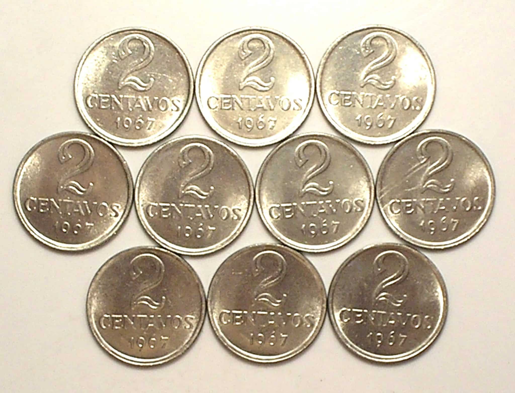 10 Moedas de 2 Centavos de 1967 Flor de Cunho - Raro no estado