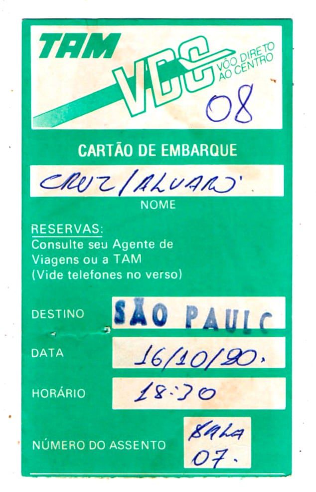 Cartão de Embarque TAM - Destino São Paulo - Anos 80 - Aviação