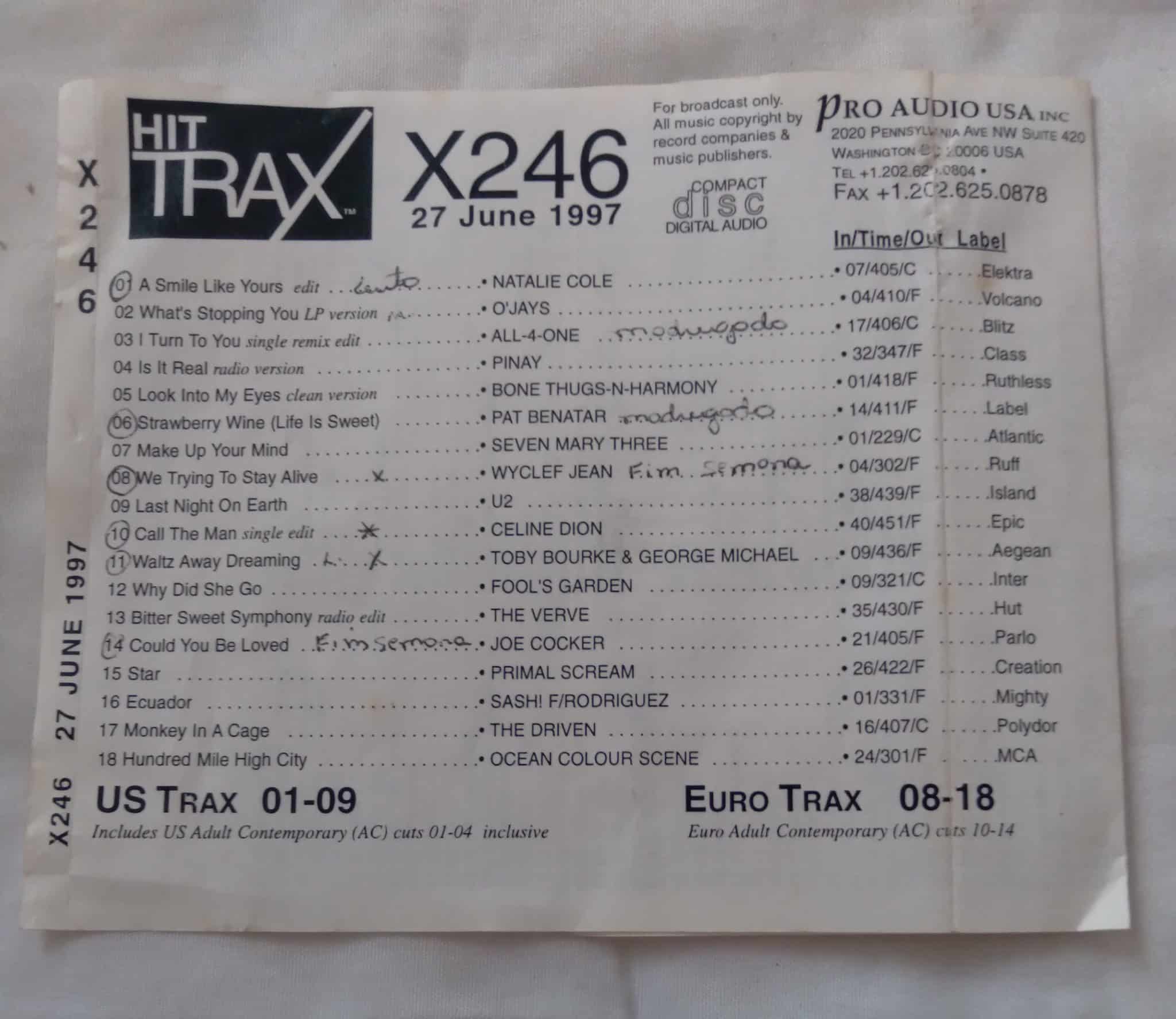 Cd promocional Pro Áudio Hit Trax X246 1997. Celine Dion U2 Joe Cocker.