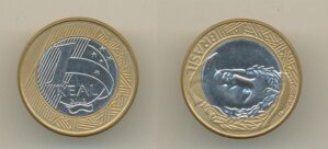 MOEDA DE 1 REAL 2003 COM REVERSO HORIZONTAL , CIRCULADA .