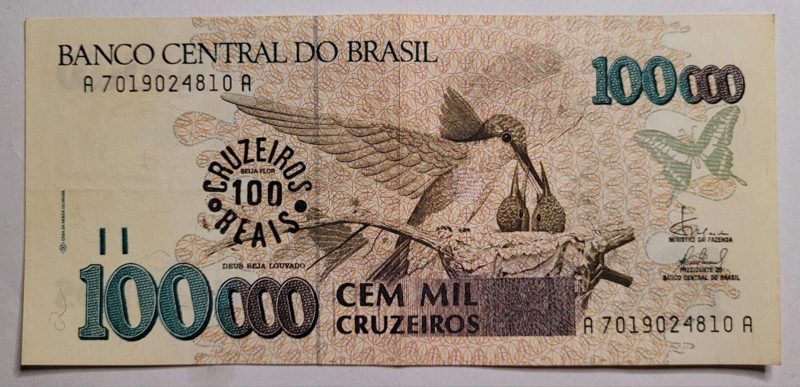 100.000 Cem Mil Cruzeiros com Carimbo de 100 Cruzeiros Reais Cedula C235 SOB Ano 1993 1 1 Casa do Colecionador