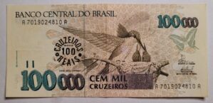 100.000 (Cem Mil Cruzeiros) com Carimbo de 100 Cruzeiros Reais - Cédula C235 SOB (Ano 1993)