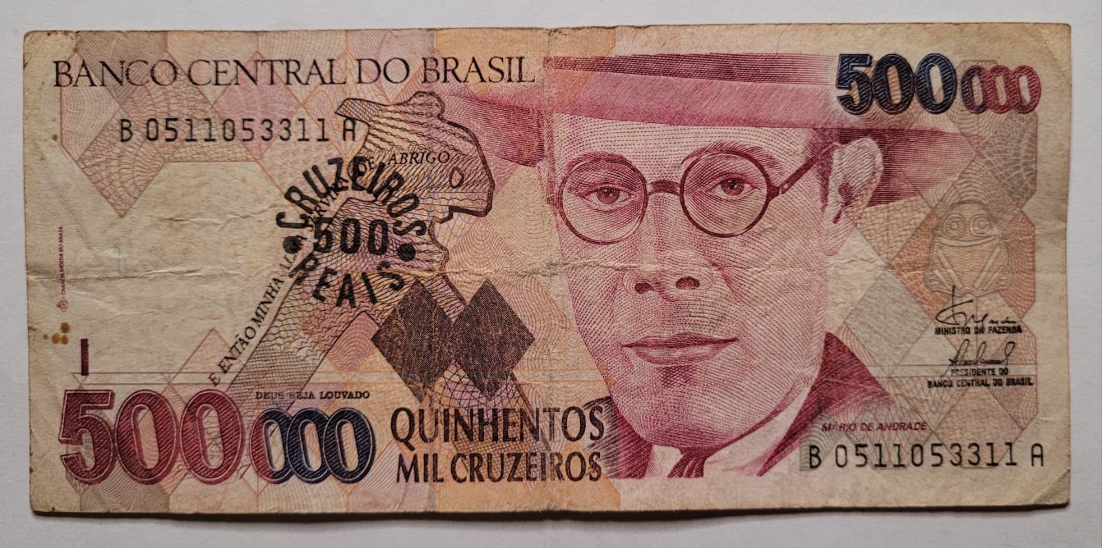 500.000 Quinhentos Mil Cruzeiros com Carimbo de 500 Cruzeiros Reais Cedula C236 MBC Ano 1993 1 Casa do Colecionador