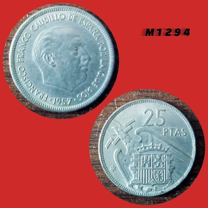 Moeda Espanha - 25 pesetas - CuproNíquel - 8,6g - 26,6mm - 1957 - M1294