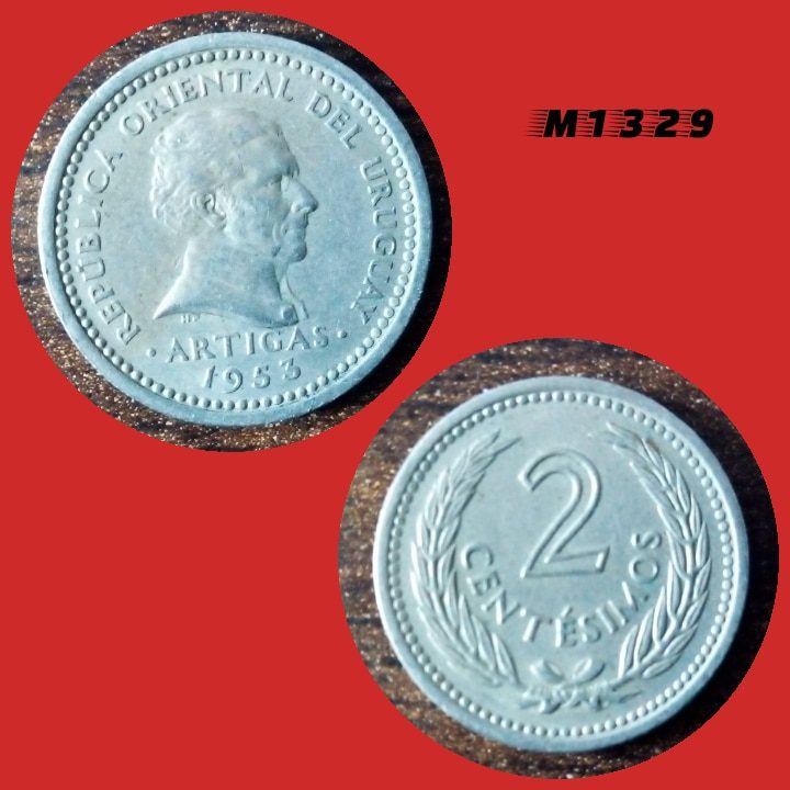 Moeda Uruguai - 2 centésimos - CuproNíquel - 2,5g - 17mm - 1953 - M1329