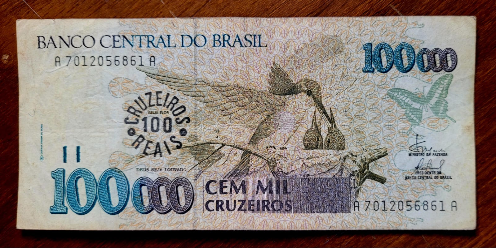 100.000 Cem Mil Cruzeiros com Carimbo de 100 Cruzeiros Reais Cedula C235 MBC Ano 1993 1 Casa do Colecionador