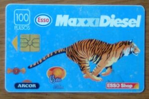 244t cartão telefone Argentina Telecom 1996. Esso shop Arcor Maxxi diesel.