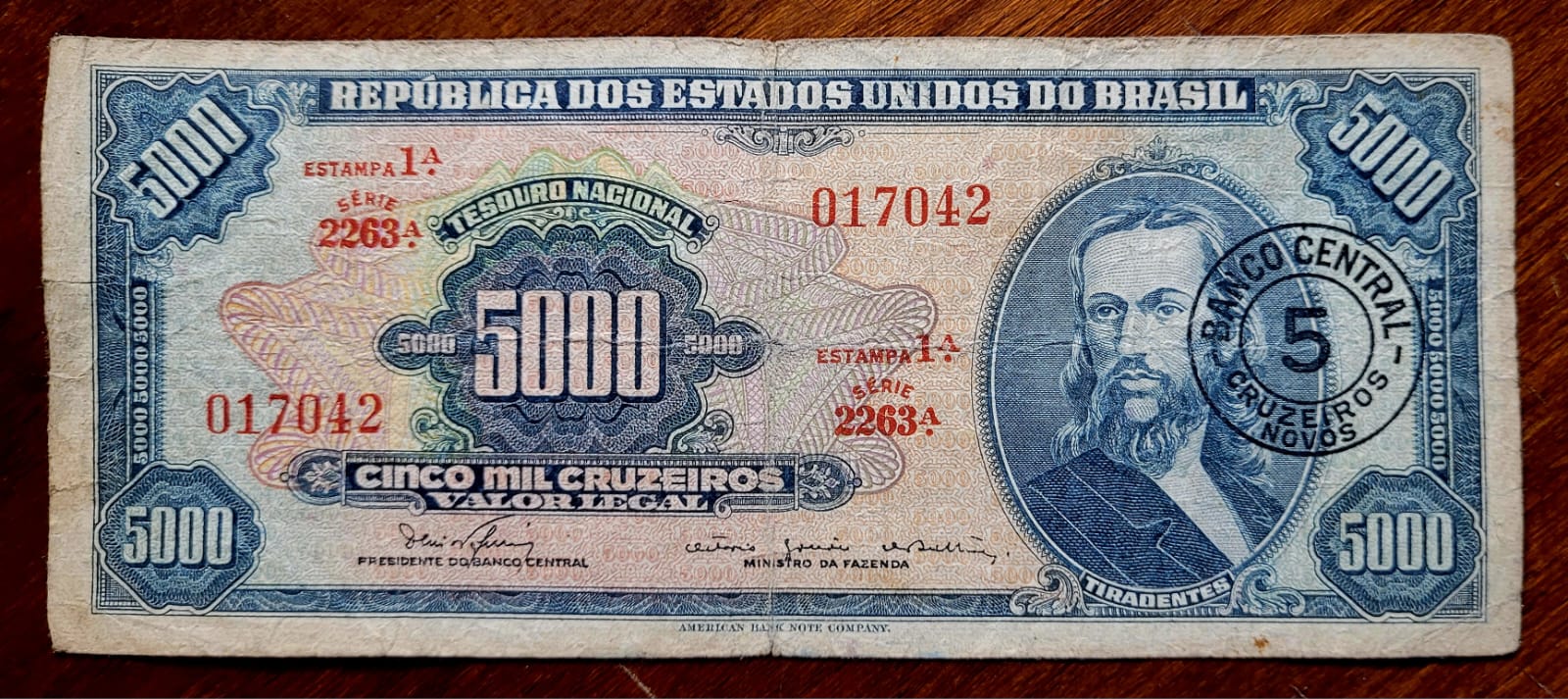 5.000 Cinco Mil Cruzeiros com Carimbo de 5 Cruzeiros Novos Cedula C123 BC MBC No 006163 Ano 1967 1 Casa do Colecionador