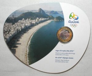 Blister original folder na cartela do Banco Central) 1 Real - 2012 """Comemorativa da entrega da Bandeira Olímpica - Rio 2016""" / Flor de Cunho / Escassa