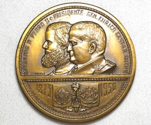 Medalha Imperador D. Pedro II e Presidente do Brasil Gen. Eurico Gaspar Dutra na 75ª Aniversário da Imigração Italiana no Rio Grande do Sul e a festa da Uva - 1875/1950 / Bronze / Flor de Cunho / Exemplar escasso