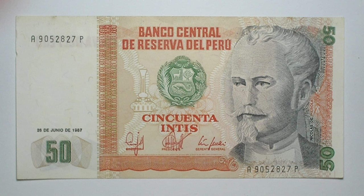 Peru / Cédula Estrangeira / 50 Intis - 1987 / Nicolas de Pierola / Flor de Estampa