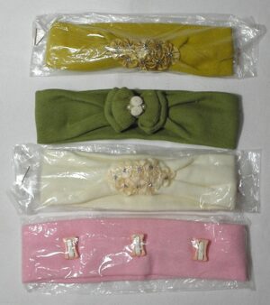 4 fitas de cabeça bela baby com decorações frontal, 95% algodão e 5% elastano, veste meninas a partir e 1 mês