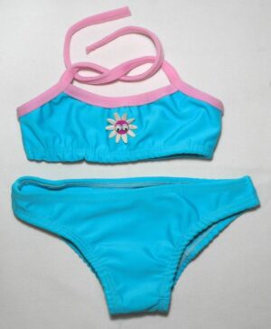 Biquíni infantil forrado nas duas peças com laço de pescoço e decoração central flor com carinha e olho que mexe, veste menina de 9 meses pra cima
