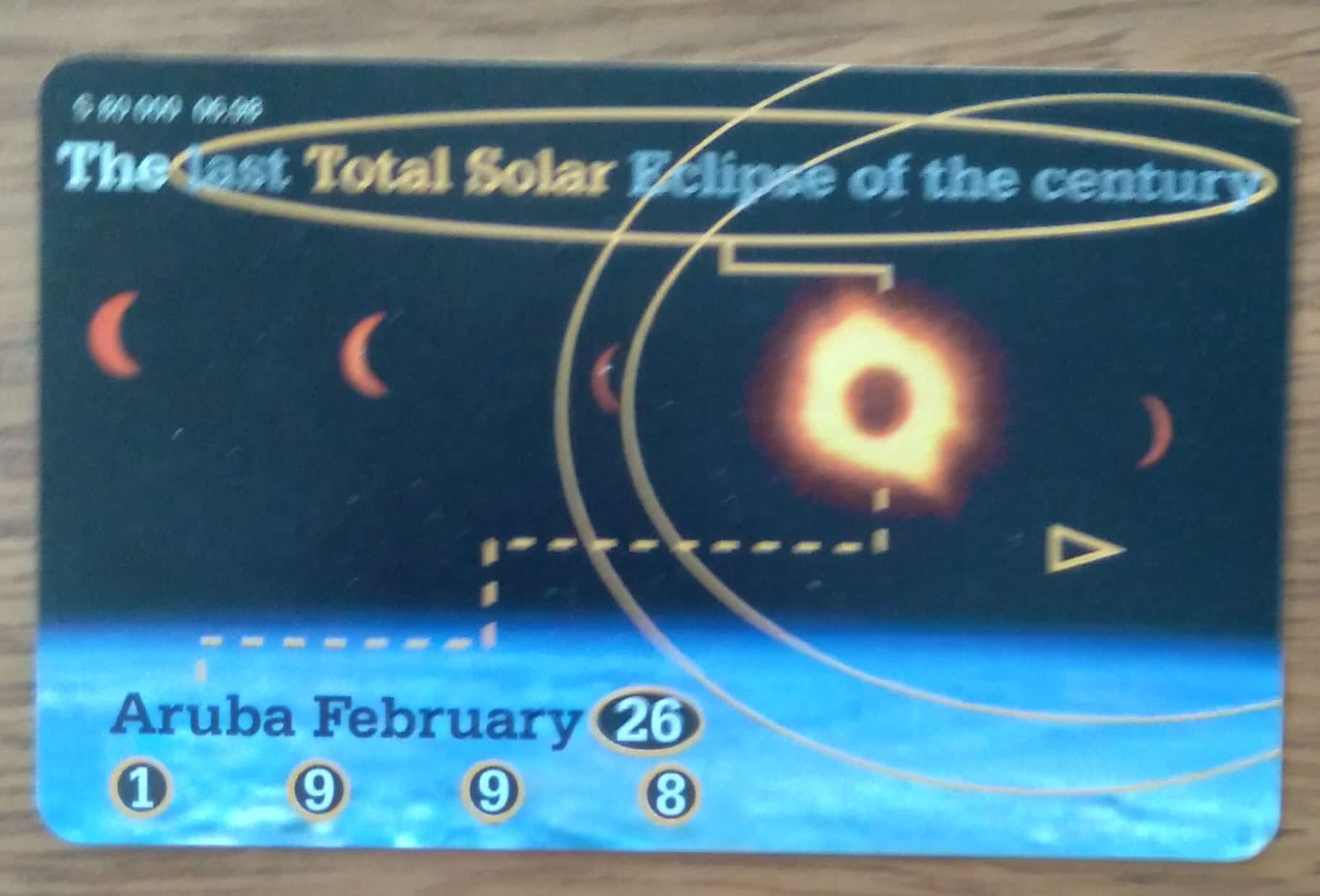 Cartão telefone Aruba Setar chip 1998. Ultimo eclipse solar do Século.