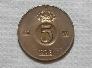Suécia) 5 Ore - 1970 / 8g - 27mm / Bronze / box54
