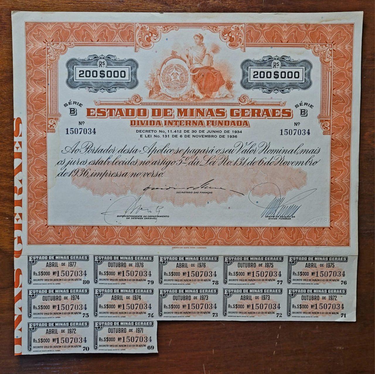 Apólice – Estado de Minas Gerais – Dívida Interna Fundada – Série B – 200 mil réis – 1936 - Nº 1507034 [CG]