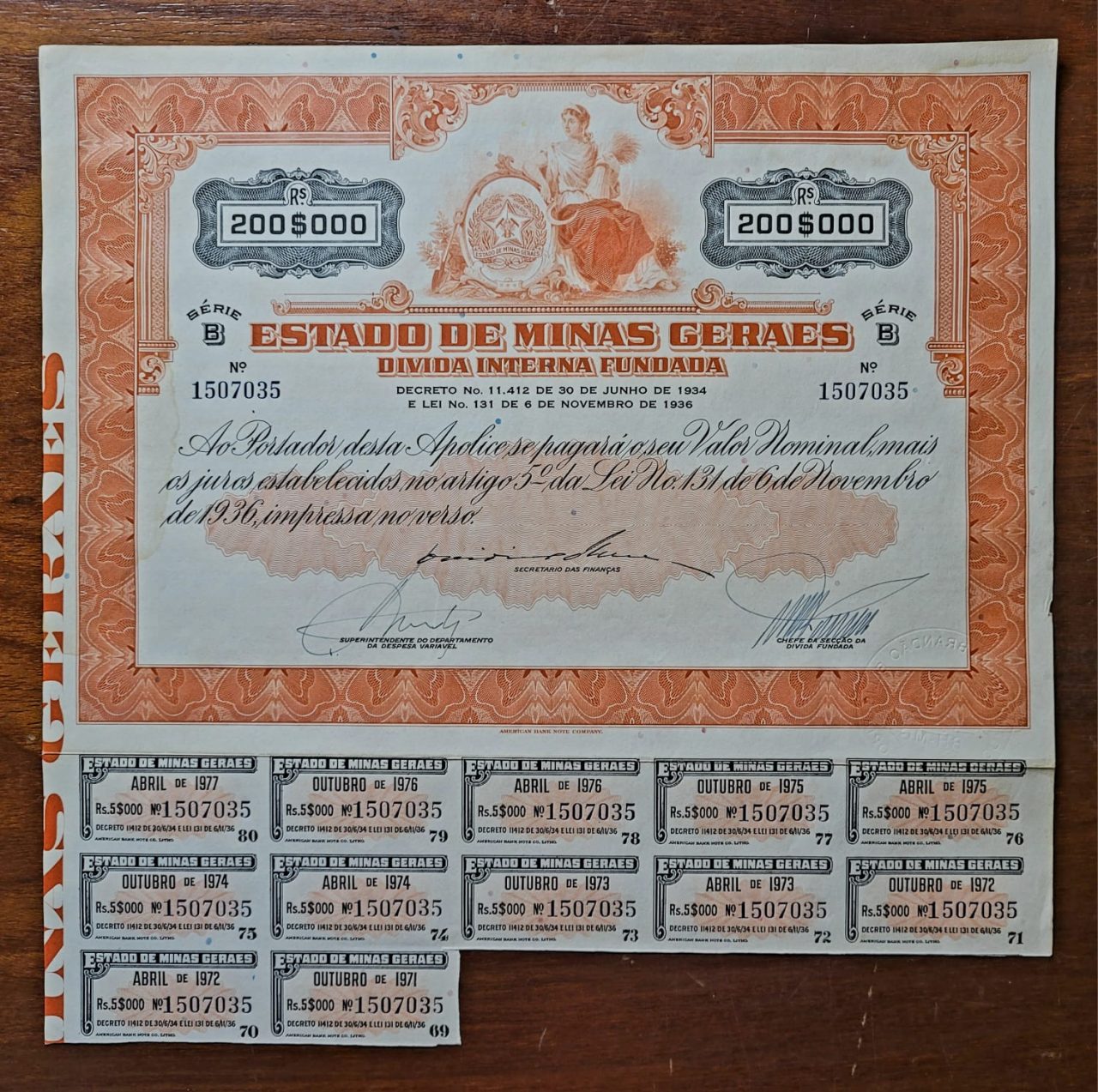 Apólice – Estado de Minas Gerais – Dívida Interna Fundada – Série B – 200 mil réis – 1936 - Nº 1507035 [JMC]