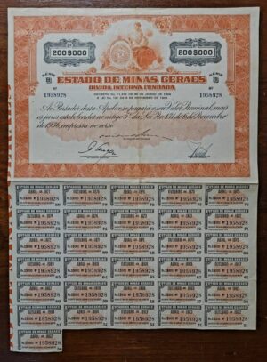 Apólice – Estado de Minas Gerais – Dívida Interna Fundada – Série B – 200 mil réis – 1936 - Nº 1958928 [JMC]