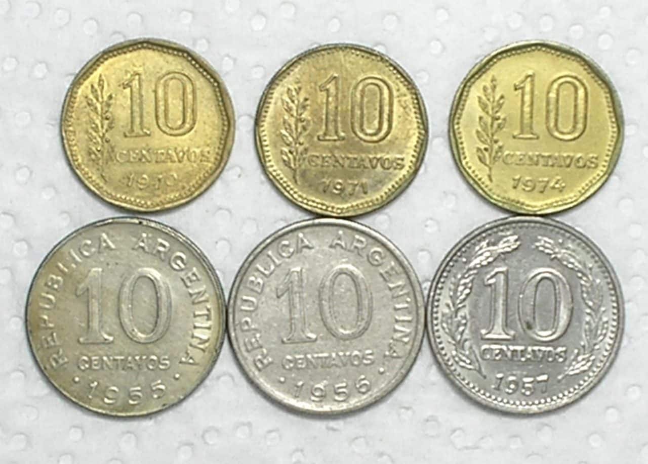 Argentina 10 Centavos 1955 1956 1957 1970 1971 1974 Ni Brass Sob Box56