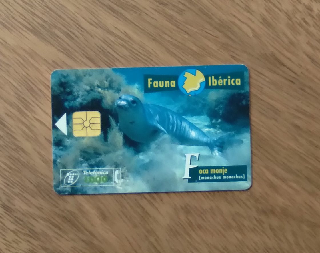 Cartão telefone Espanha Telefônica 1997. Fauna Iberica Foca monge.
