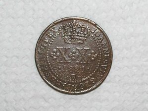 XX Réis - 1821 - R "Rio" / Variante Escassa: Legenda do anverso sem pontuação / Cobre / Raro no estado Soberbo / Cod.300
