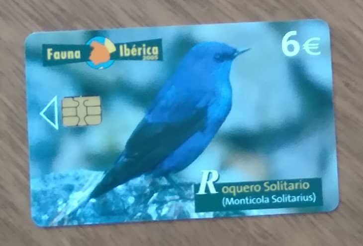 Cartão telefone Espanha Telefônica 2005. Fauna Iberica Roquero Solitário.