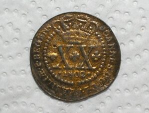 XX Réis - 1802 / 39 Pérolas / Coroa Baixa / Data Entre Pontos / Final de chapa / D. João Príncipe Regente / Cobre / Mbc / box2