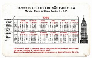Calendario de Bolso - Banco do Estado de São Paulo SA - 1969