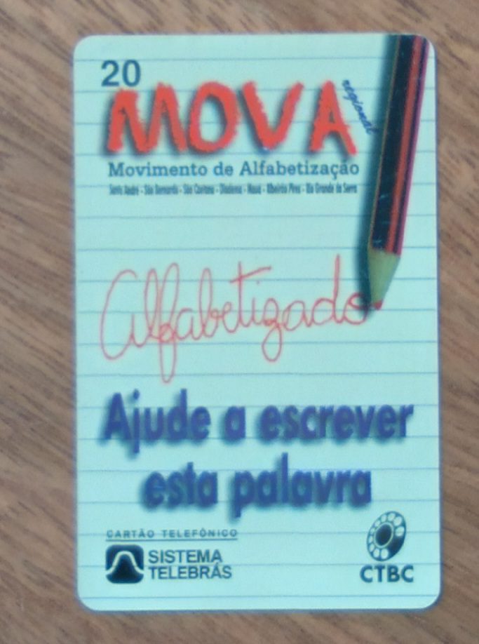 Cartão CTBC Borda do Campo 1998. Mova Alfabetizado ajude a escrever.