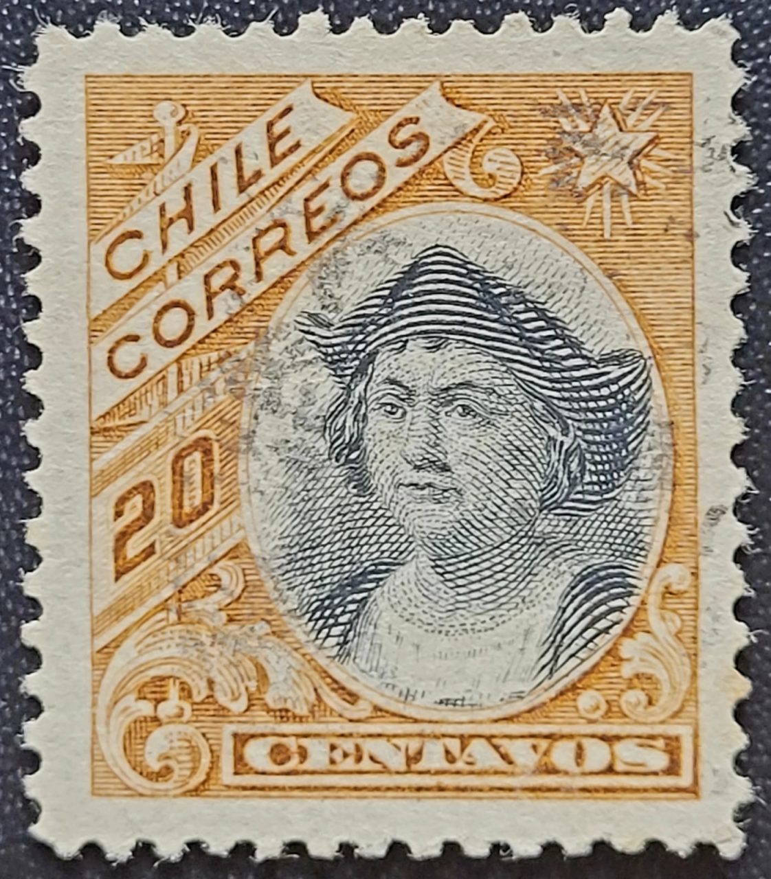 Chile - SW Nº 0065 (Usado) 20 cts - Cristovão Colombo - Cabeça em Novo Desenho - 1905