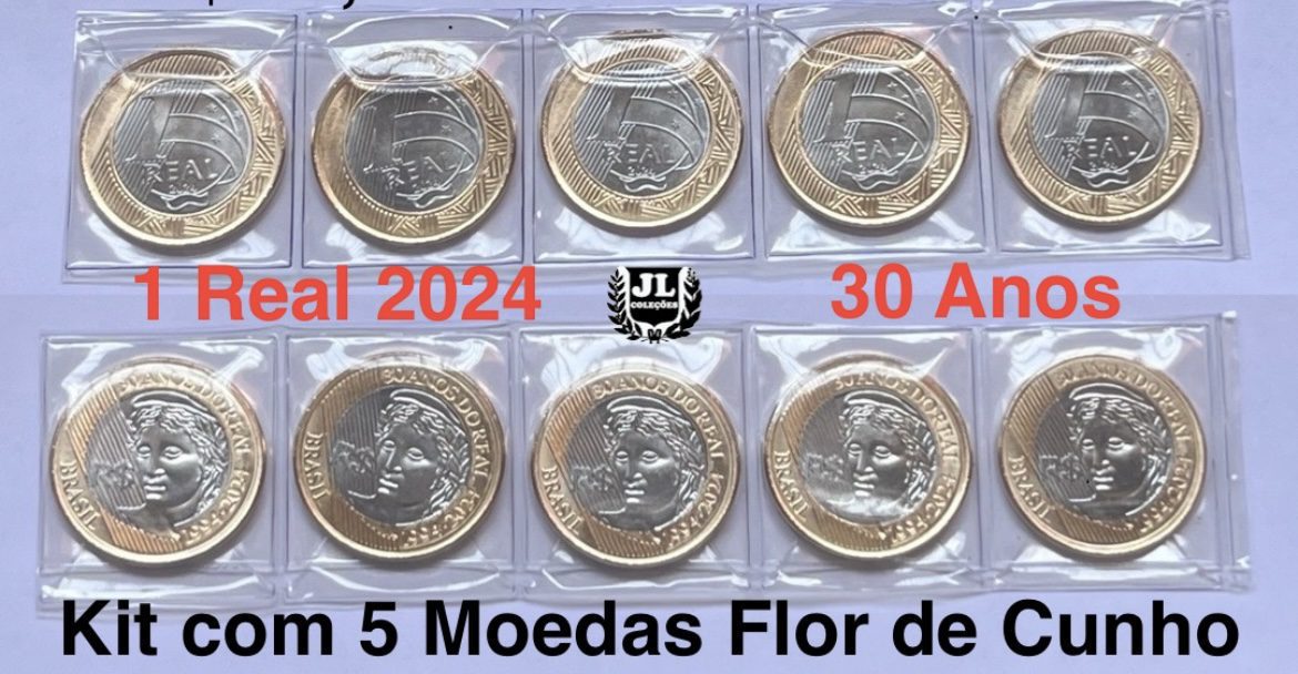 Kit com 5 Moedas Comemorativas dos 30 Anos do Plano Real - Peças Flor de Cunho
