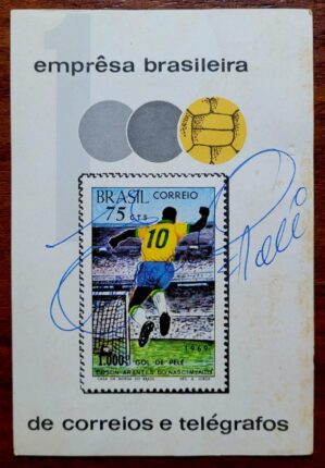 Autógrafo do Pelé sobre o Bloco RHM B-28 - Milésimo Gol do Pelé