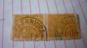 SELO DUPLA 100 RÉIS COM CARIMBO LUSSANVIRA LOTE 784 .