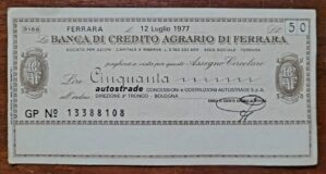 Assegno Circolare - Banca di Credito Agrario di Ferrara - 50 Liras - 1977 (Cheque Italiano)