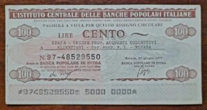 Assegno Circolare - L'Istituto Centrale Delle Banche Popolari Italiane - 100 Liras - 1977 (Cheque Italiano)