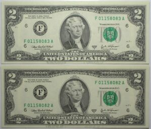Estados Unidos / 2 Dollars - 2003-a / Flor de Estampa / Selo Verde - Letra F / Jefferson - Duas cédulas 8082-8083