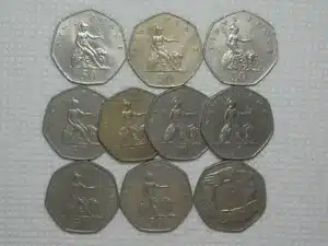 Inglaterra) 50 New Pence 1969 / 1970 / 73 / 76 / 77 / 78 / 79 / 1980 / 81 / 82 - 10 Moedas Em Niquel / Mbc/Sob / m510