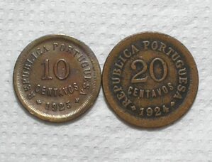 Portugal) 10 Centavos - 1925 + 1924 / 22mm / Bronze / box63.3